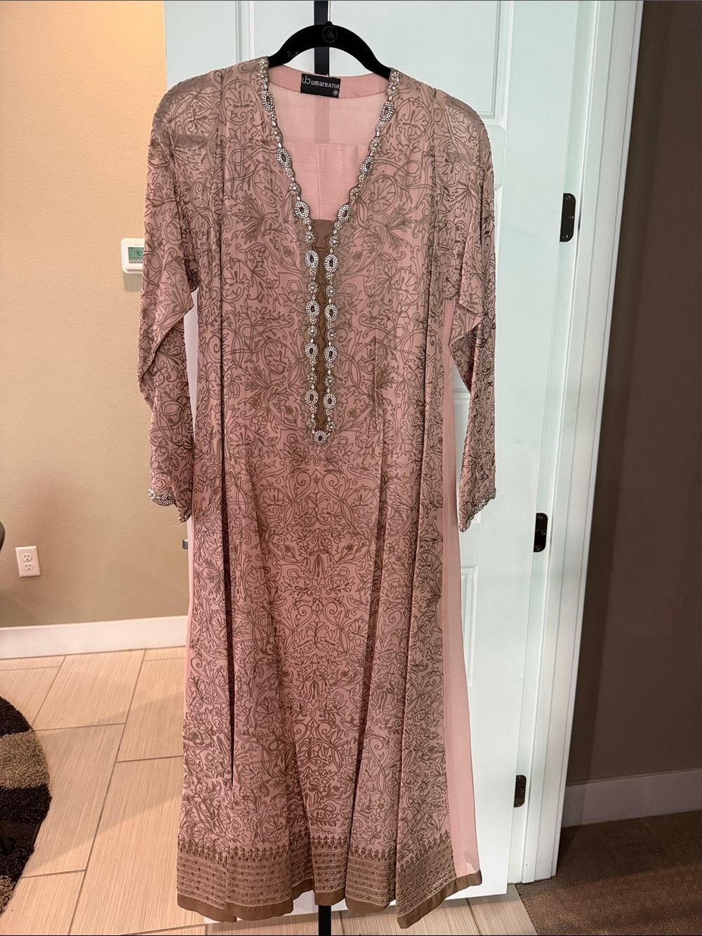 Dramatic Beaded Pink Long Sleeve Dress by